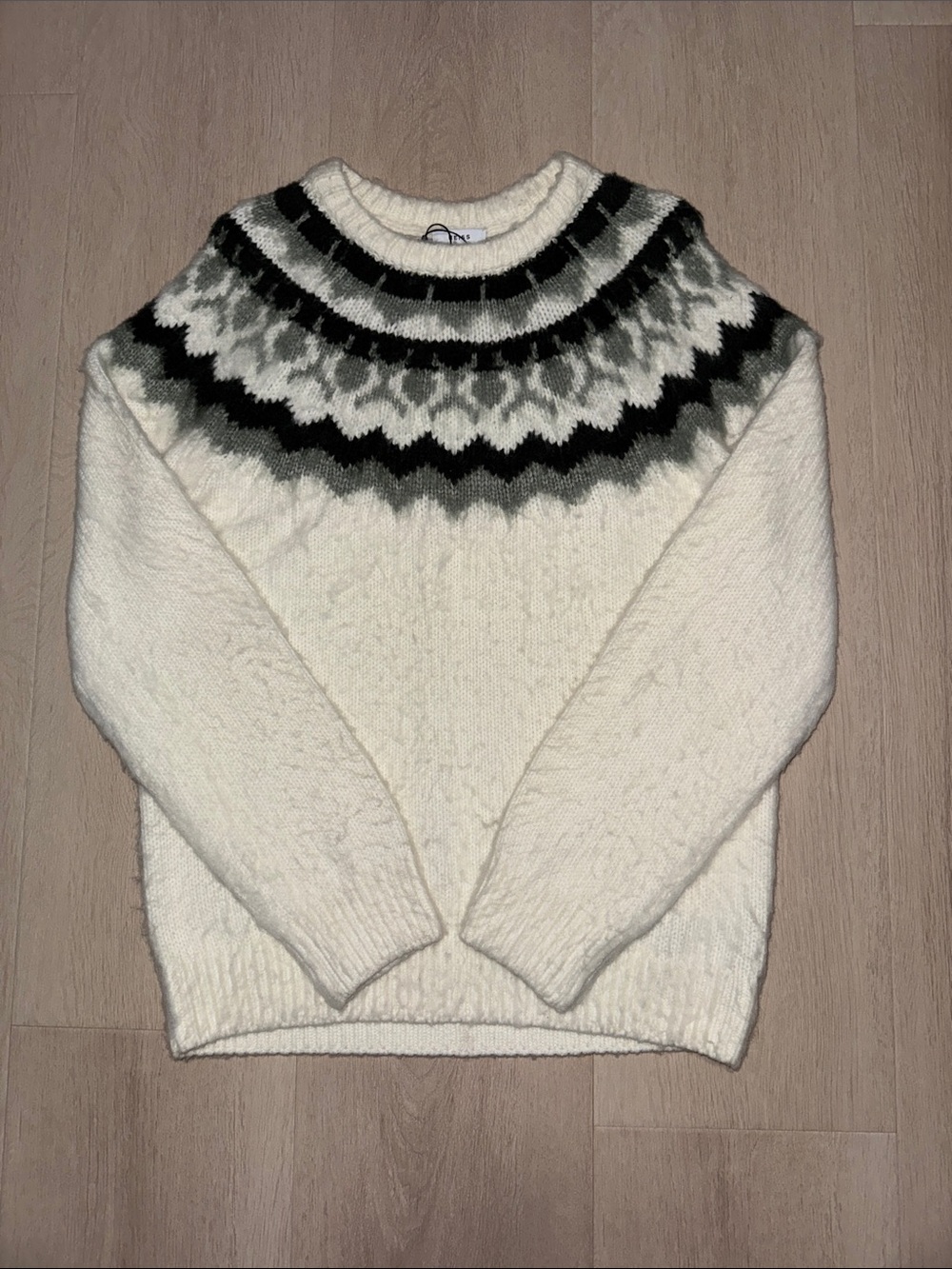 Reiss Cream Crewneck Nordic Yoke Sweater with Black & Gray Detail